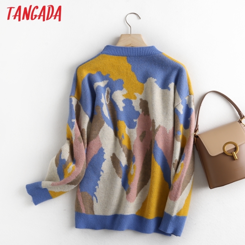 Tangada Women Elegant Pating Pattern Knitted Sweater Jumper O Neck Female Oversize Pullovers Chic Tops BC112 201109