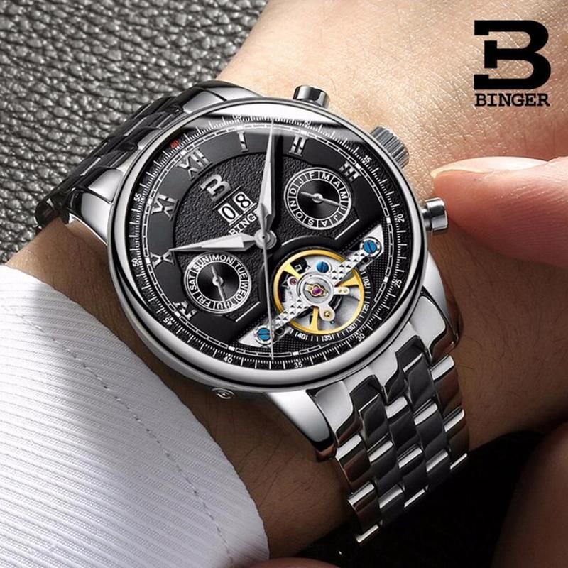 Wristwatches Genuine Luxury Switzerland BINGER Brand Men Self-wind Waterproof Full Steel Automatic Mechanical Black Dial Tourbillon Watch, Leather blue silver
Wristwatches Genuine Luxury Switzerland BINGER Brand Men Self-wind Waterproof Full Steel Automatic Mechanical Black Dial Tourbillon Watch, Leather blue silver
