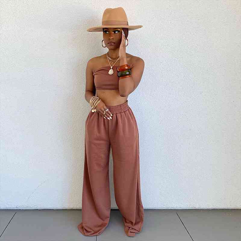 Off The Shoulder Strapless Holiday Crop Top And Loose Wide Leg Trouser For Women Summer Brown High Waist Two Piece, White
Off The Shoulder Strapless Holiday Crop Top And Loose Wide Leg Trouser For Women Summer Brown High Waist Two Piece, White