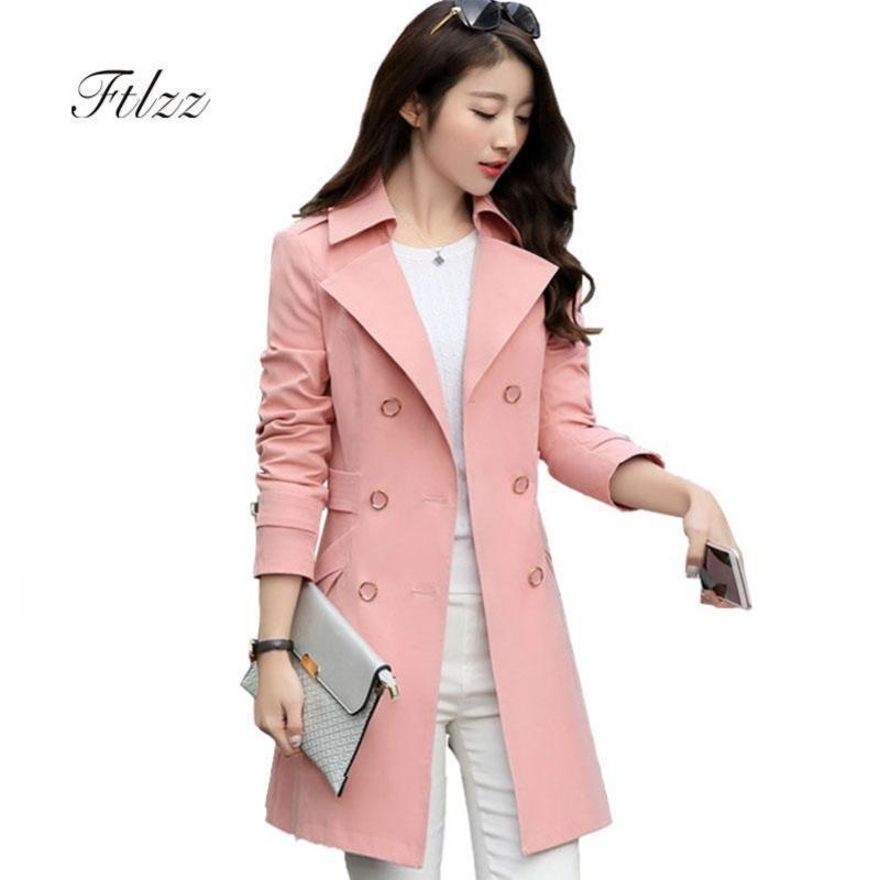 Women Casual Double-breasted Trench Coat Spring Autumn Slim Meidum Long Elegant Woman Outerwear Korean Style Windbreaker 201102