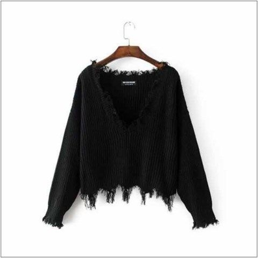 Knitted Sweater for Women Spring Autumn Ripped V Neck Loose Sweater Pullovers Oversized Ladies Tassel Tops White Black 201222