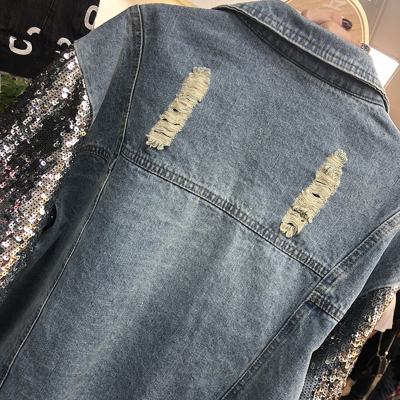 Spring Heavy Industry Sequins Denim Jacket Women Loose Jeans Coats Outwear Holes Girls Lady Cowboy Jackets Streetwear 201017