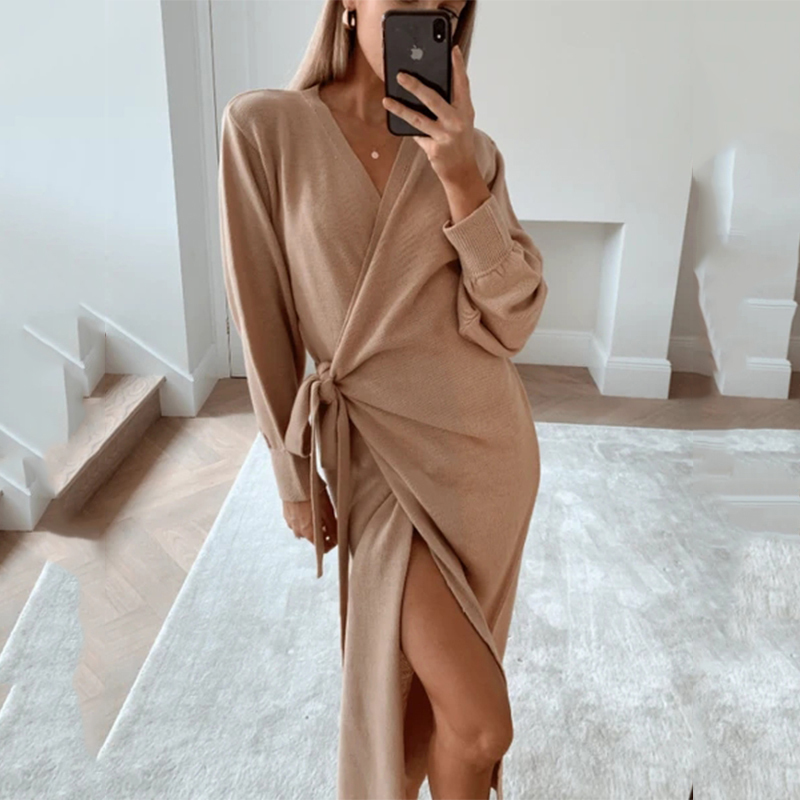 Autumn Winter Women Knitted Dress Elegant Casual V-neck Long Sleeve Midi Cardigan Solid Loose Split Side Sweaters Dresses 201110