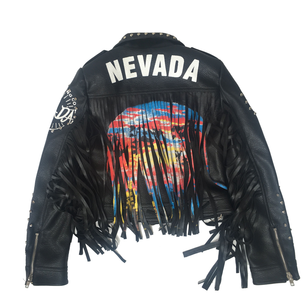 Women Black Leather Tassel Jacket Streetwear Rivets Punk Jackets Woman Streetwear Graffiti Printed Fringed Biker Coat 201030