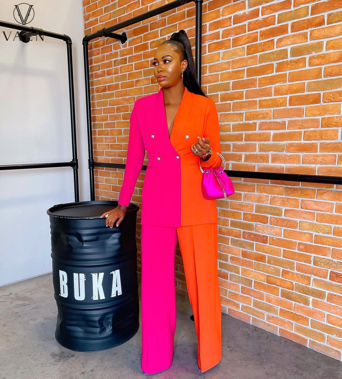 Modern Fuchsia And Orange Prom Dresses Pant Suit V Neck Long Sleeve Formal Party Gowns Double Buttons Evening Wear Special Occasion Outfit Color Match