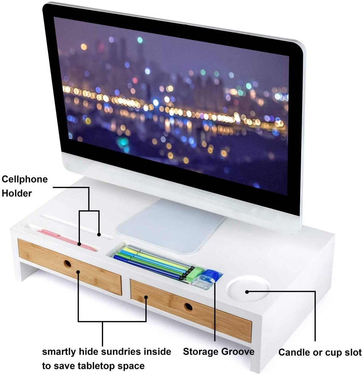 Monitor Stand Computer TV Riser with 2 Drawers & Desktop Organizer Laptop Printer Stand with Keyboard Storage Space for Home & Office