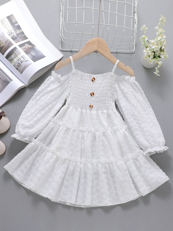 Girls Shirred Frilled Cold Shoulder Flounce Sleeve Ruffle Hem Chiffon Dress SHE