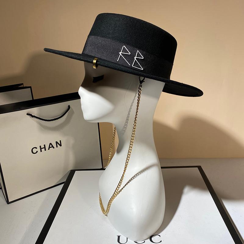 New Women Fedoras Wool Hats Fashion Letter With Chain Elegant Big Hat Black Big Brim
