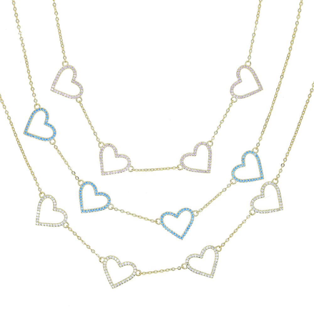 4 Pcs Hollow Heart Charm Link Chain Choker Micro Pave Pink Blue White CZ Gold Color 2021 Fashion Valentine's Day Gift Necklace