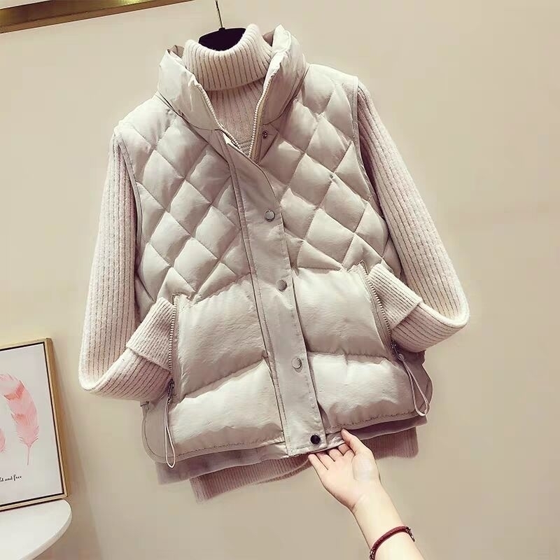 MUMUZI Winter warm Women's Vest loose Plaid Down Cotton wadded Coats Slim Zipper Waistcoats Beige Sleeveles Parkas Female 201102