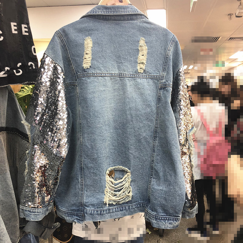 Spring Heavy Industry Sequins Denim Jacket Women Loose Jeans Coats Outwear Holes Girls Lady Cowboy Jackets Streetwear 201017