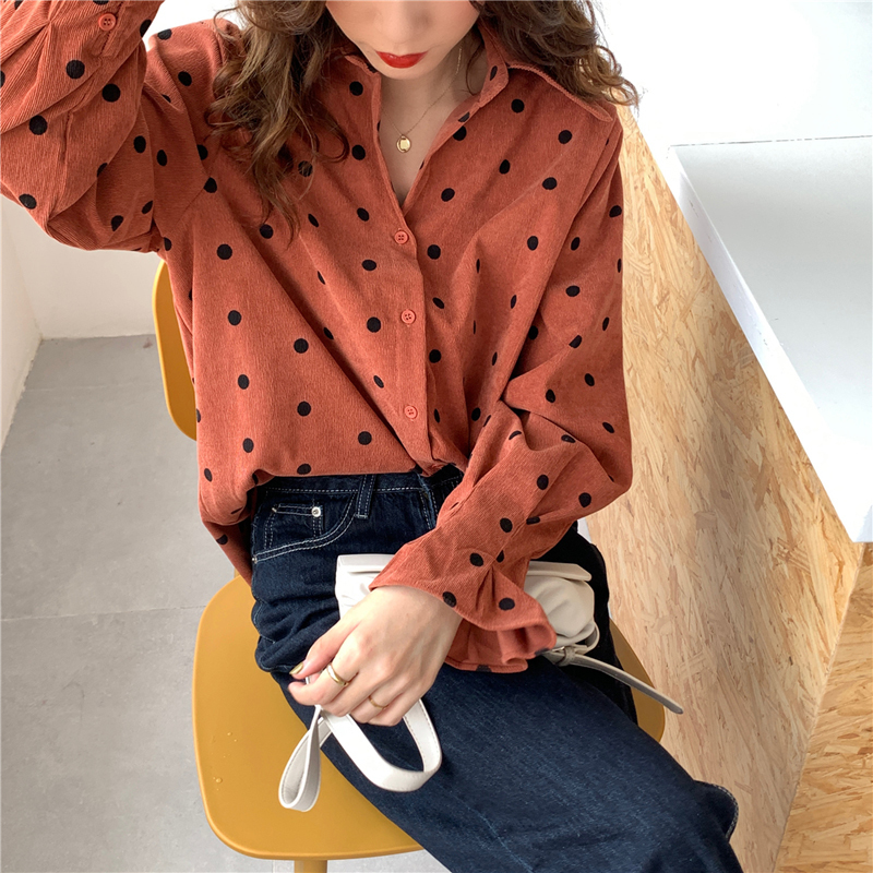 Korea Winter Jacket Women Autumn Lapel Loose SingleBreasted Corduroy Polka Dot Long Sleeve Shirt Female Blouse Coat 201017