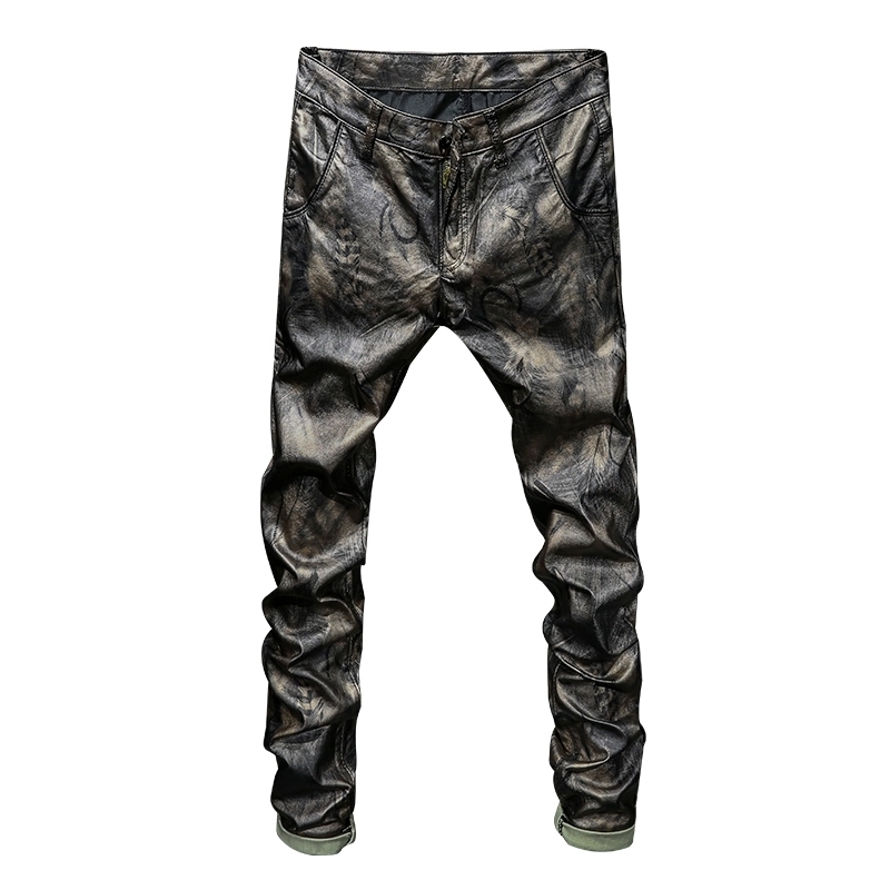 Men Printed Winter Fleece Warm PU Leather Casual Trousers High Quality Long Thicken Elastic Skinny Pencil Pants 201130