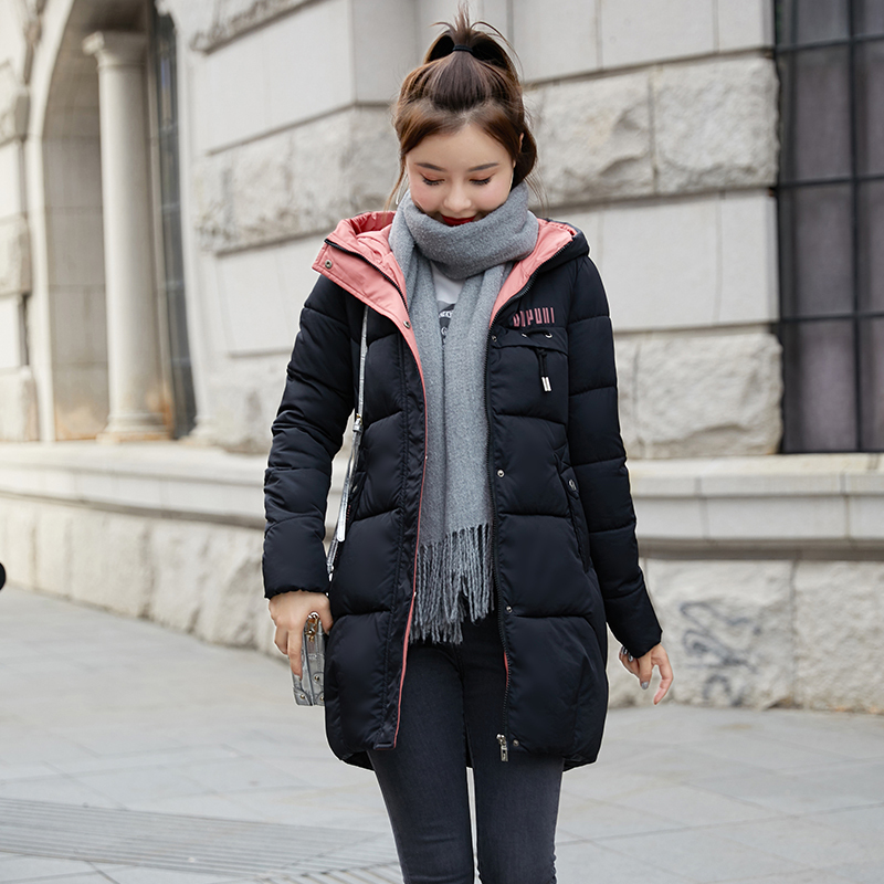Plus Size Women Long Jacket Hooded Loose Winter Women's Coat Solid Stand Collar Casual Cotton Padded Female Thick Parkas Woman 201019