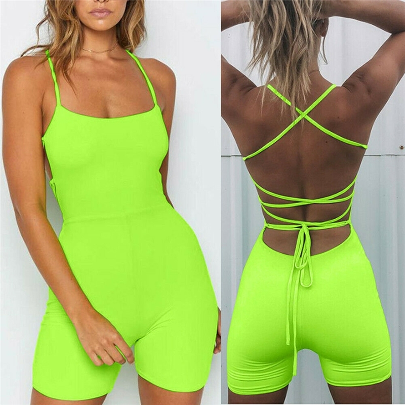 Fashion Playsuit Neon Green Bandage Backless Sexy Women Jumpsuit Summer Lace Up Bodycon Women Rompers Casual Beach Club Overalls T200527