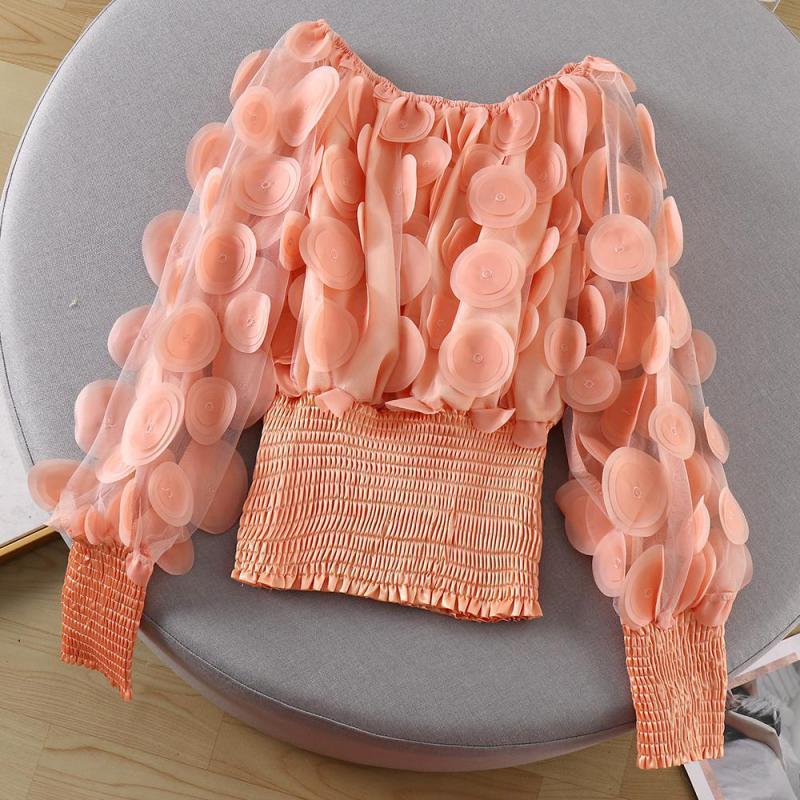 2019 New sexy off the shoulder blouse women slim long sleeved perspective screen yarn chiffon shirt spring autumn short tops T200321