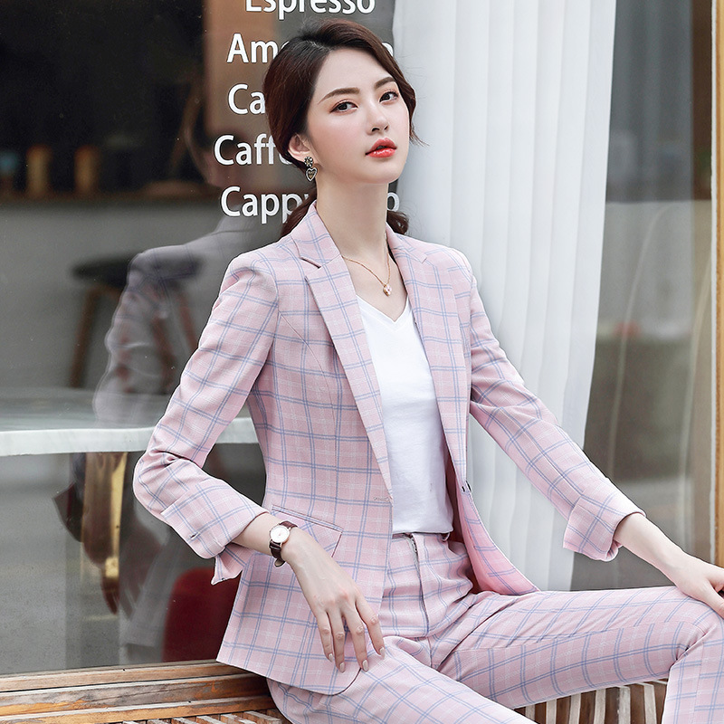 Temperament Women's Plaid Suit Pants Sets Autumn high quality slim plaid ladies jacket suit Casual trousers Twopiece 2019 New T200818