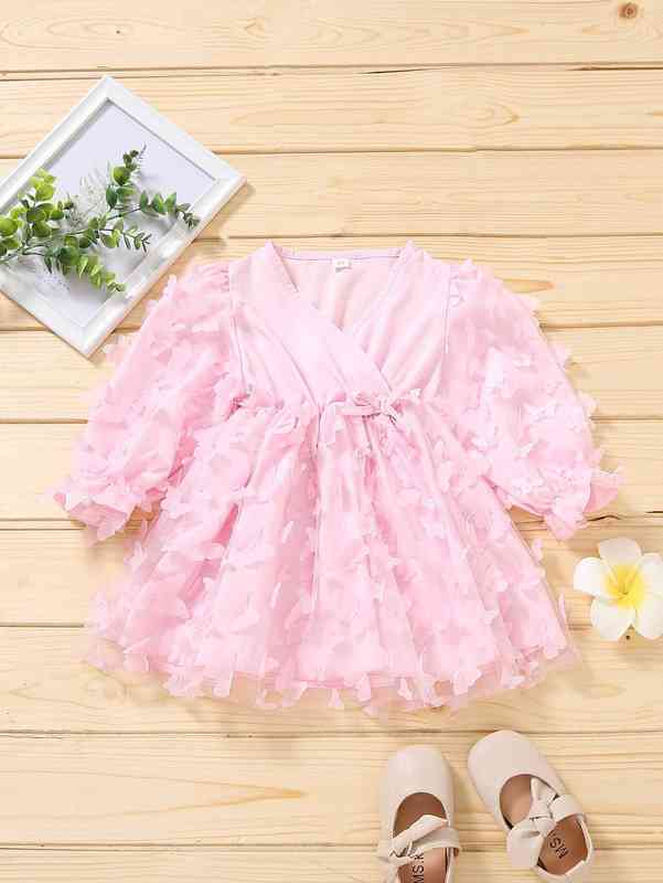 Baby Appliques Surplice Neck Flounce Sleeve Dress SHE