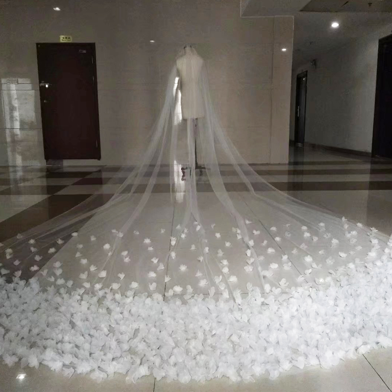 Real 3D Floral Long Wedding Veil One Layer Tulle Butterfly Vestido De Noiva White Custom Made Elegant Bridal Wraps with Comb