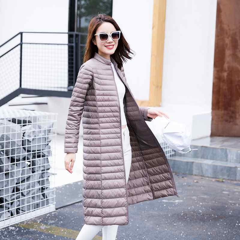 Woman's Ultra Light Down Jackets Stand Collar Slim Knee Length 90% White Duck Down Coats Women Parkas Lady Overcoats JK-7911