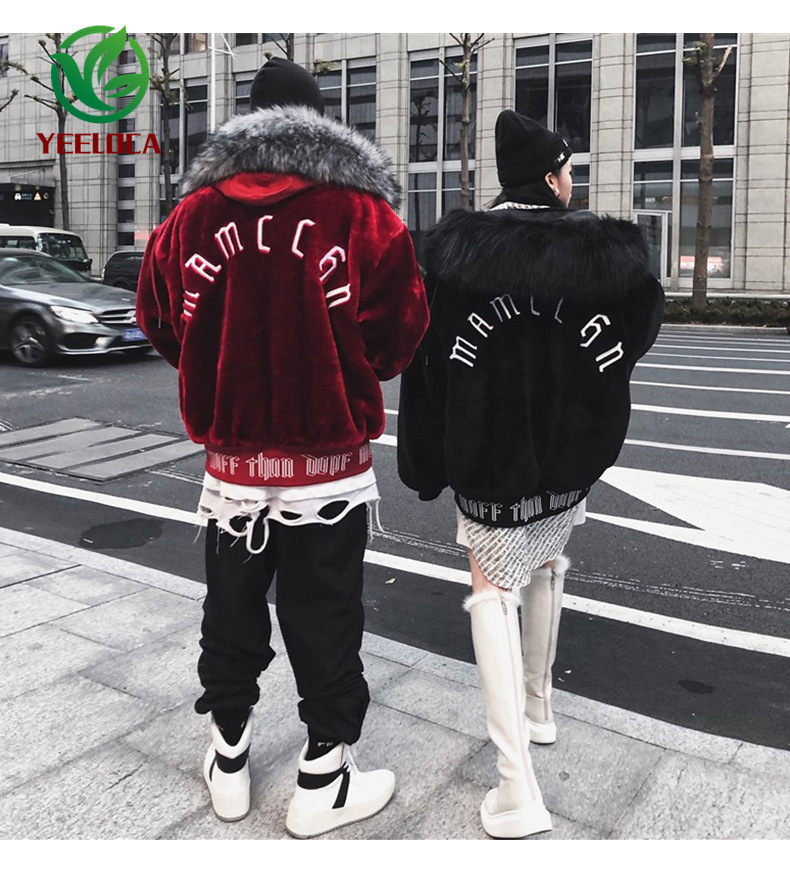 Winter Plush Fur Collar Hoodie Jacket Coat Warmth Hip Hop Couple Men Women Streetwear Oversized Parkas High Quality 201217