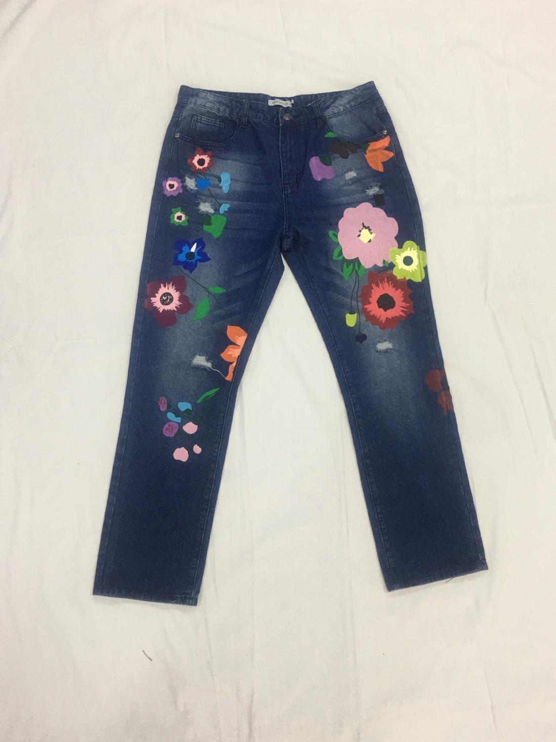 Women's fashion printed flowers jeans thin washed denim trousers casual full length pants large size S5XL 201105