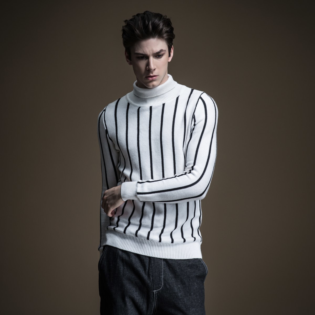 Pinli Winter New Discount Clearance Slim Striped Turtleneck Pullovers Wool Color Block Warm Casual Men Long Sleeve Sweater 201022