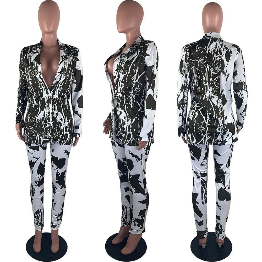 New Autumn Winter Print Full Sleeve Blazers High Wasit Pants Suit 2 Piece Set Office Lady Outfit uniform Women's set D5069 T200818