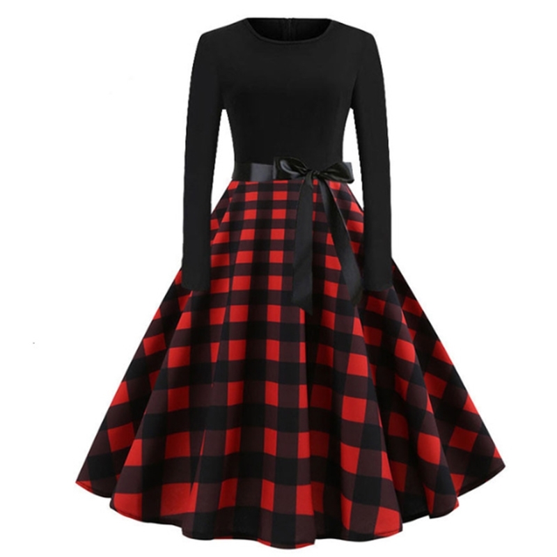 Christmas Dress Swing Elegant Women Print Party Dresses Long Sleeve Vintage Dress Robe Plus Size 201008