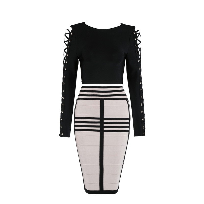 Top Quality HL Celebrity 2 Pieces Set Black Long Sleeve Knee Length Rayon Bandage Dress Cocktail Party Dress 201127