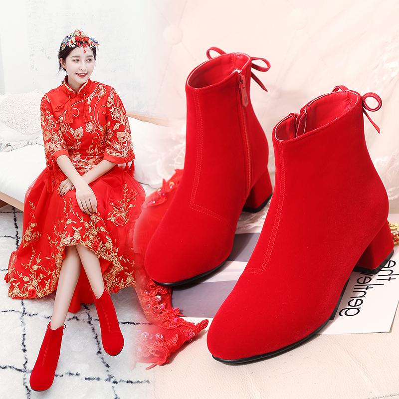 2020 New Winter Women's Wedding Shoes Short Boots Fashion Beautiful Warm Big Red Zipper Short Boots With Wedding Dress