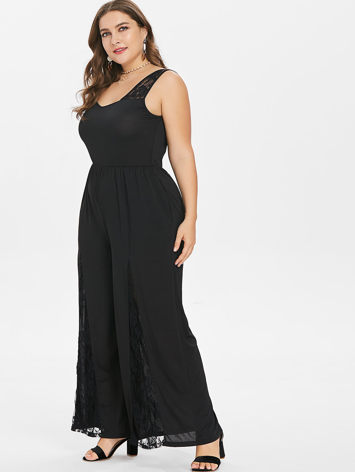 Wipalo Women Plus Size 5XL Lace Panel Wide Leg Jumpsuit Casual Solid Plunging Neck Sleeveless Floor Length Jumpsuit Big Size Set T200509