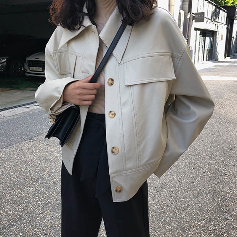 PERHAPS U Women PU Faux Leather White Black Jacket Pocket Turn Down Collar Outwear Button High Street C0194 201017