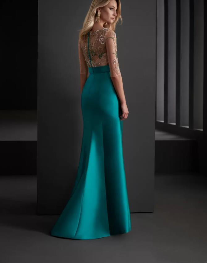 Elegant formal mermaid Evening Dresses wear Beads O Neck Half Sleeves teal blue Side Split Women Formal Prom Gowns cocktail Party Dress