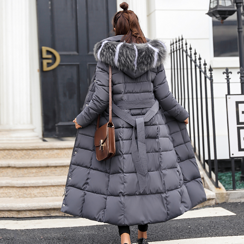 women plus size X-long waisted slim parkas mujer winter coats casual thick warm with belt fur solid jackets feminina 201019