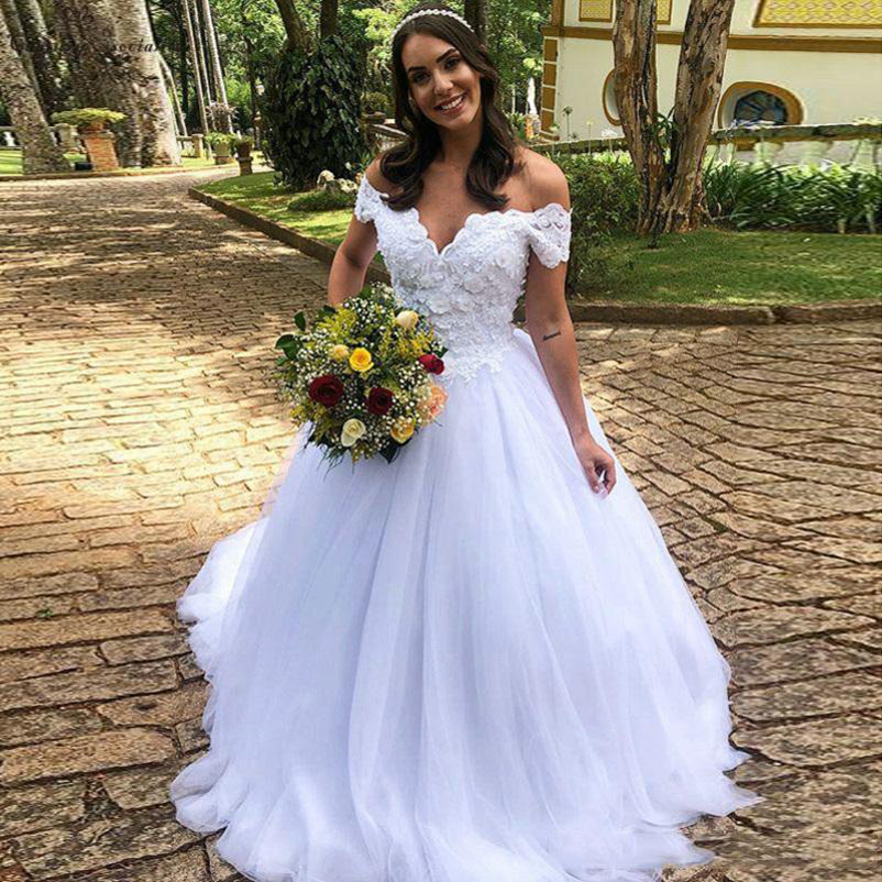 Custom Off Shoulder Lace Wedding Dresses with Appliques Short Sleeves Sweep Train Tulle Plus Size A Line Wedding Bridal Gowns, White
Custom Off Shoulder Lace Wedding Dresses with Appliques Short Sleeves Sweep Train Tulle Plus Size A Line Wedding Bridal Gowns, White