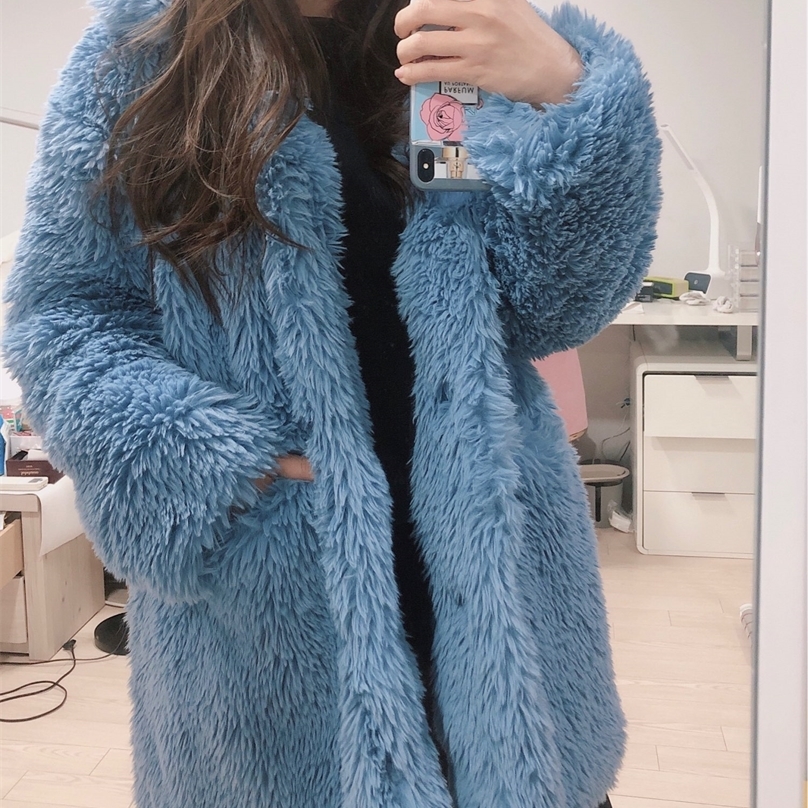 Casual Furry Thick Warm Long Faux Mink Fur Jacket Loose Winter Women Teddy Coat manteau femme hiver 201214