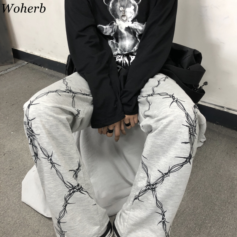 Woherb Harajuku Vintage Women Pants Print High Waist Straight Wide Leg Trousers Casual Loose Korean Fashion New Streetwear 91089 201113