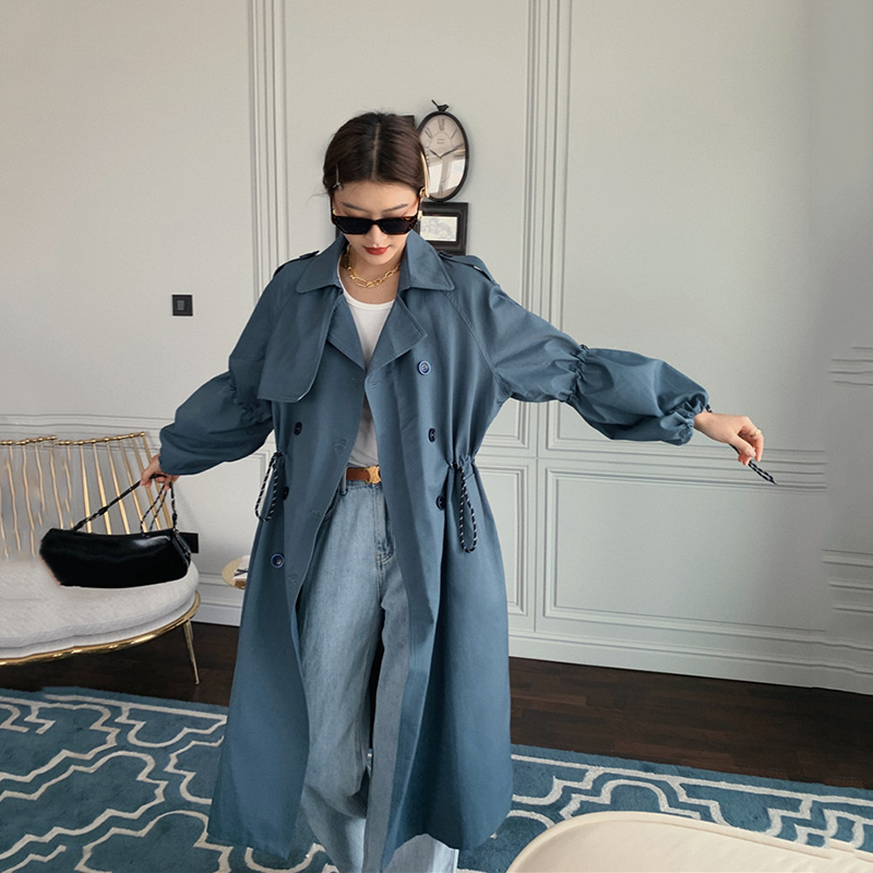 LANMREM autumn solid Women's double-breasted elegant turn-down collar pleated casual preppy style windbreaker coat 2A539 201102