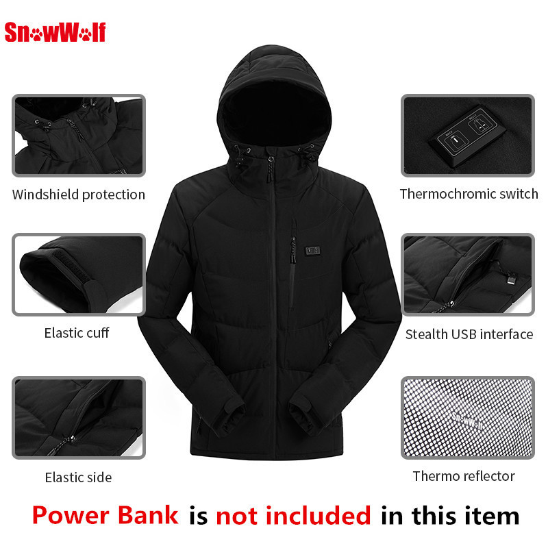 SNOWWOLF Men Winter Outdoor Heated Jacket Battery Heating Hooded Electric Jacket Thermal Hiking Camping heated vest jacket Coat 201128