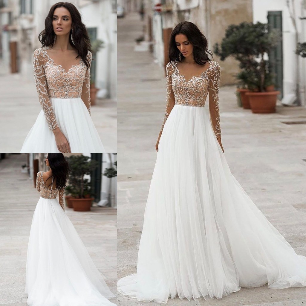 Line Stylish A Beaded Wedding Dresses Sheer Jewel Neck Long Sleeves Bridal Gowns Sweep Train Tulle Robe De Marie