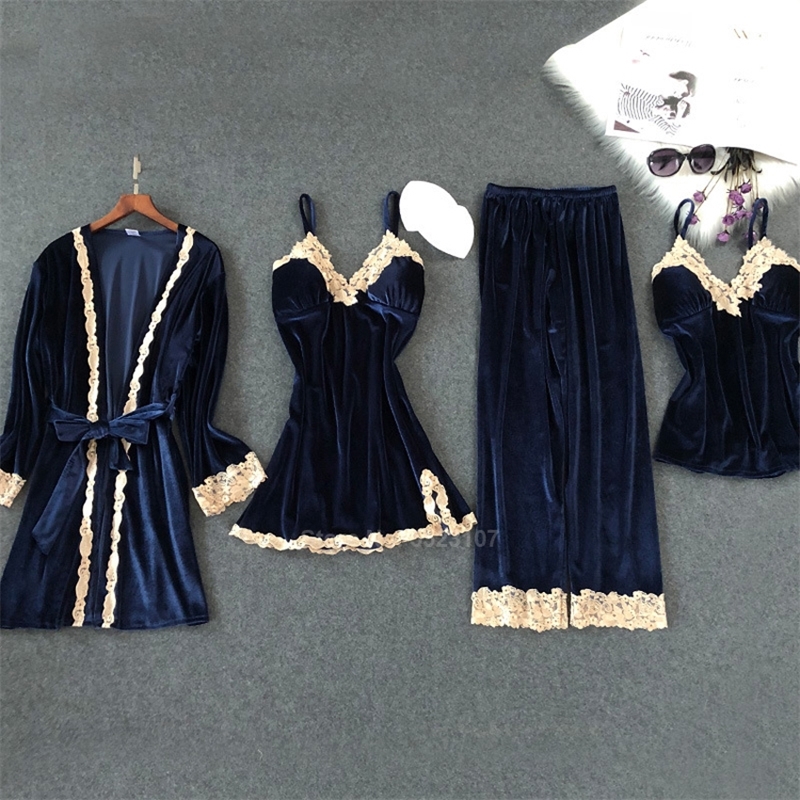 Autumn Women Velvet Pajamas Set Soft Keep Warm Sexy Sleepwear Polyester 4PCs Full Sleeve Strap Nightgown Bath Robe Lingerie Suit 201113, One navy long dress 
Autumn Women Velvet Pajamas Set Soft Keep Warm Sexy Sleepwear Polyester 4PCs Full Sleeve Strap Nightgown Bath Robe Lingerie Suit 201113, One navy long dress