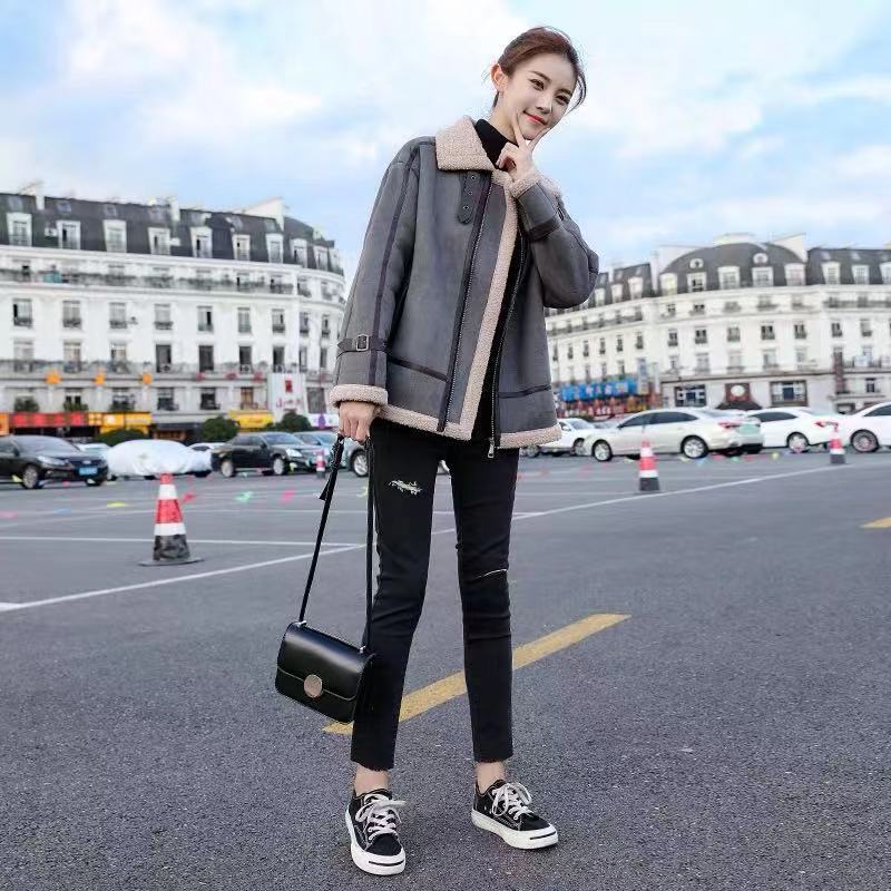 Women Autumn Winter Faux Lamb Leather Jacket Female Faux Leather Lambswool Fur Collar Coats New Warm Thicken Outerwear T200915