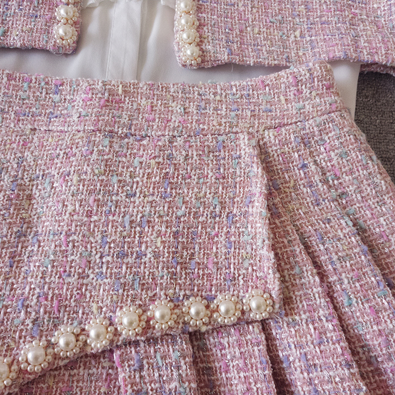 Autumn Winter Sweet Tweed 3 Piece Set Women Pearls Beading Short Jacket Coat+Ruffles White Chiffon Shirts+Mini Pleated Skirt Set 201027