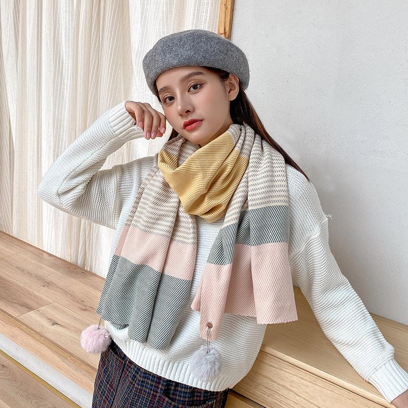 Korean version of the new mosaic Joker long shawl scarf female winter striped cashmere thickened warm fur ball scarf
Korean version of the new mosaic Joker long shawl scarf female winter striped cashmere thickened warm fur ball scarf