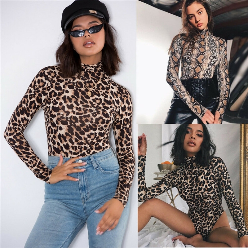 Hot Women Sexy Snake Skin Bodycon Bodysuit High Neck Coral Velvet Bandage Jumpsuit Romper Leopard Print Bodysuit Clubwear Tops T200527