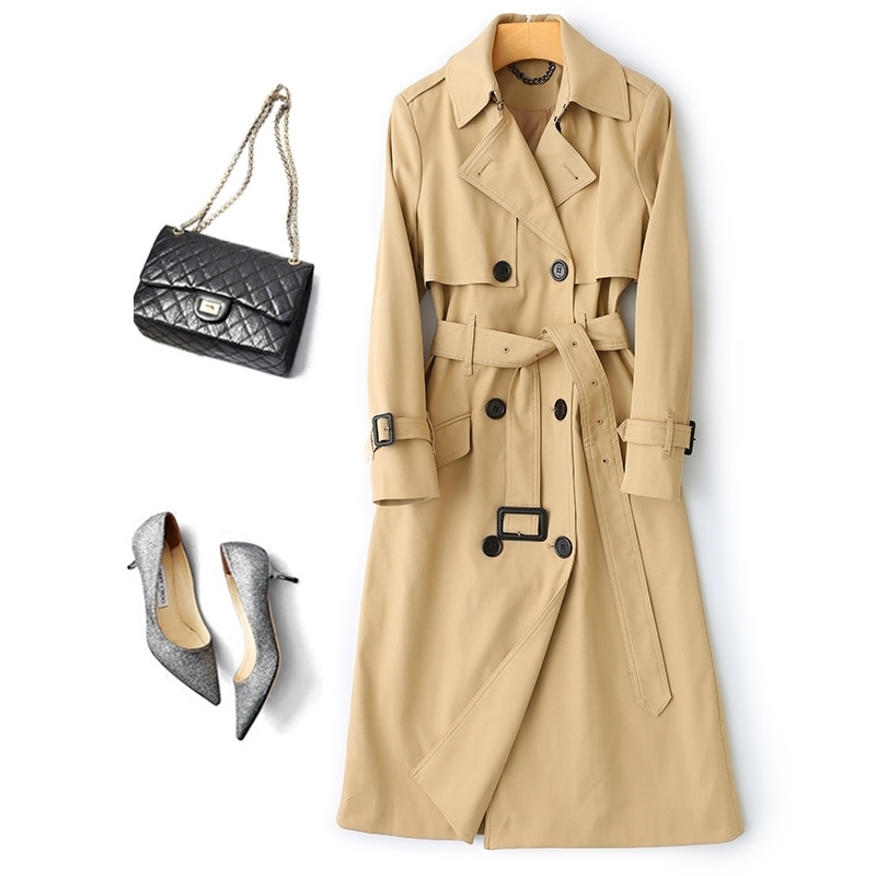 Obrix 3 Casual Style Female Spring Trench V-Neck Double Breasted Full Sleeve Pockets Belt Trench For Women 201029