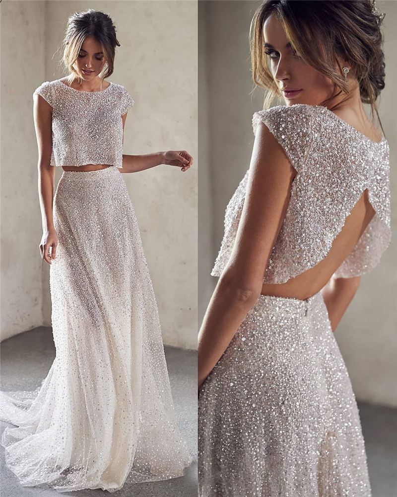 Crystal Sequins Evening Dresses Two Piece Sexy Back Sweep Train Prom Dress Formal Gowns Party Wear