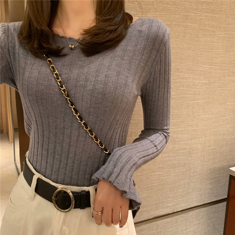 Lucyever Knitted Women Sweater Fashion Ruffled Long Sleeve Pullover Jumer Autumn Slim Korean Female Black Basic Top 201223