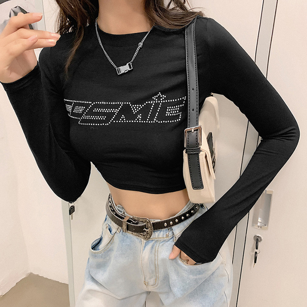E-girl Rhinestone Letter Printed Tshirt Woman Street Bodycon Slim Y2k Crop Tops Female Soft Long Sleeve Basic 90s Aesthetic Tees 201028
